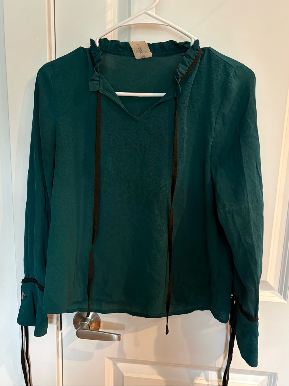 Teal Ruffle Tie-Neck Blouse with Long Sleeves